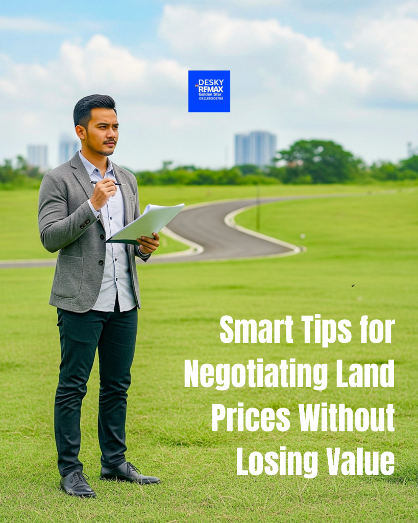 An Indonesian man in his mid-30s wearing a casual suit, standing on an open plot of land while holding documents and a pen. He looks thoughtful and confident, as if evaluating and negotiating the land price. The background shows green grass, a small road, and a distant urban skyline