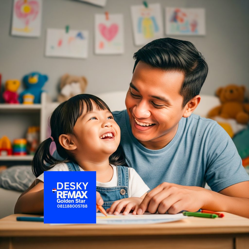 Ayah dan putrinya yang berusia 4 tahun tertawa bersama saat belajar menggambar di kamar tidur anak, fokus pada ekspresi wajah mereka dengan pencahayaan hangat dan suasana sinematik