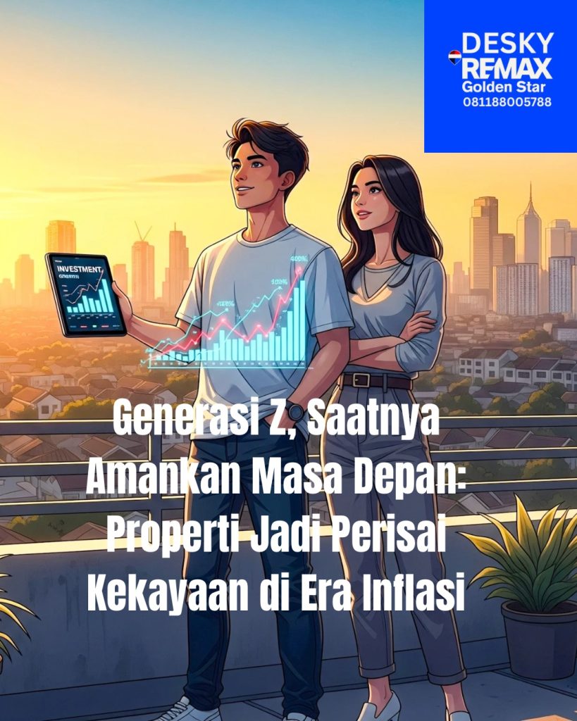 Ilustrasi digital bergaya modern menampilkan dua anak muda Generasi Z berdiri di rooftop gedung kota Jakarta saat matahari senja keemasan. Mereka mengenakan pakaian kasual seperti hoodie dan sneakers, memandang deretan apartemen dan rumah modern dengan ekspresi optimis sambil memegang tablet yang menampilkan grafik pertumbuhan investasi. Latar belakang kota bercahaya hangat melambangkan peluang emas Gen Z 2025 untuk memulai investasi properti dan melindungi kekayaan dari inflasi.