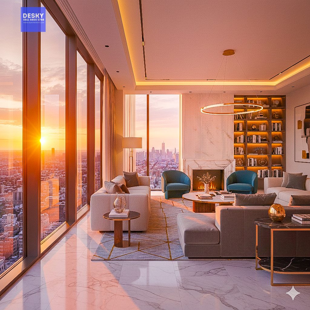 Ruang tamu apartemen modern dengan pencahayaan alami dan desain minimalis elegan.