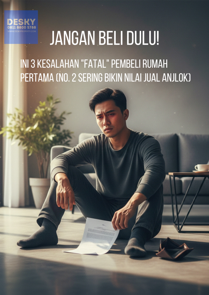 Wajah kecewa/frustrasi, representasi kerugian akibat salah langkah beli properti. Edukasi dari Desky Properti.