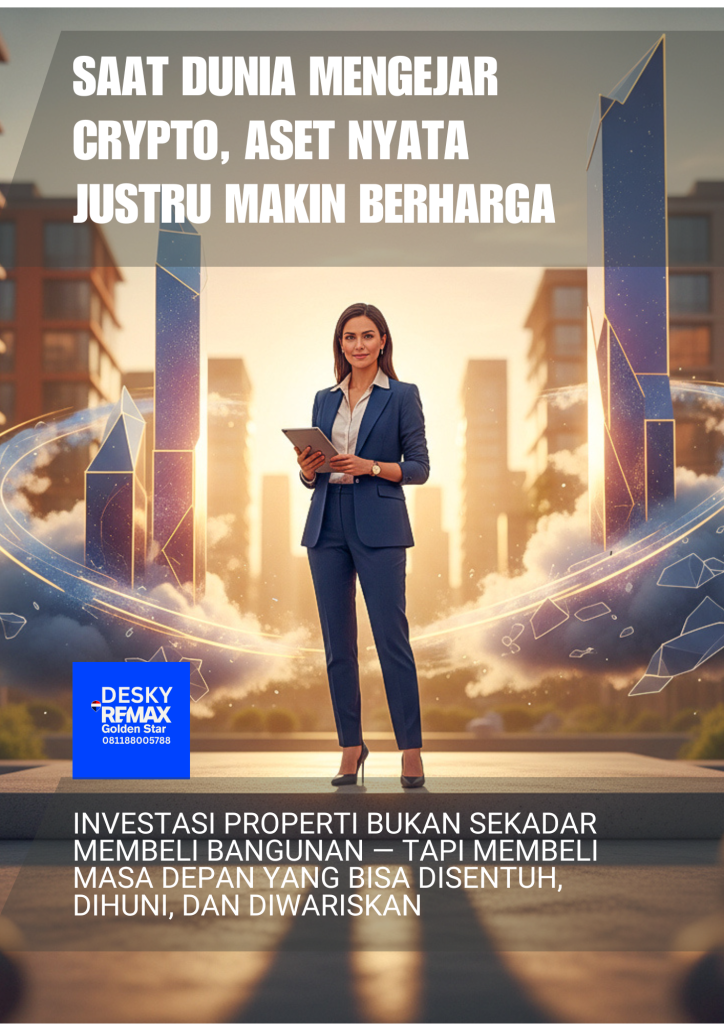 Seorang agen properti modern berdiri di atas tanah nyata dengan latar belakang kota futuristik dan awan digital holografik, menggambarkan kontras antara investasi properti yang nyata dan aset crypto virtual. Cahaya sore keemasan menciptakan suasana hangat dan optimistis, menonjolkan pesan bahwa properti tetap menjadi aset paling stabil di era digital.