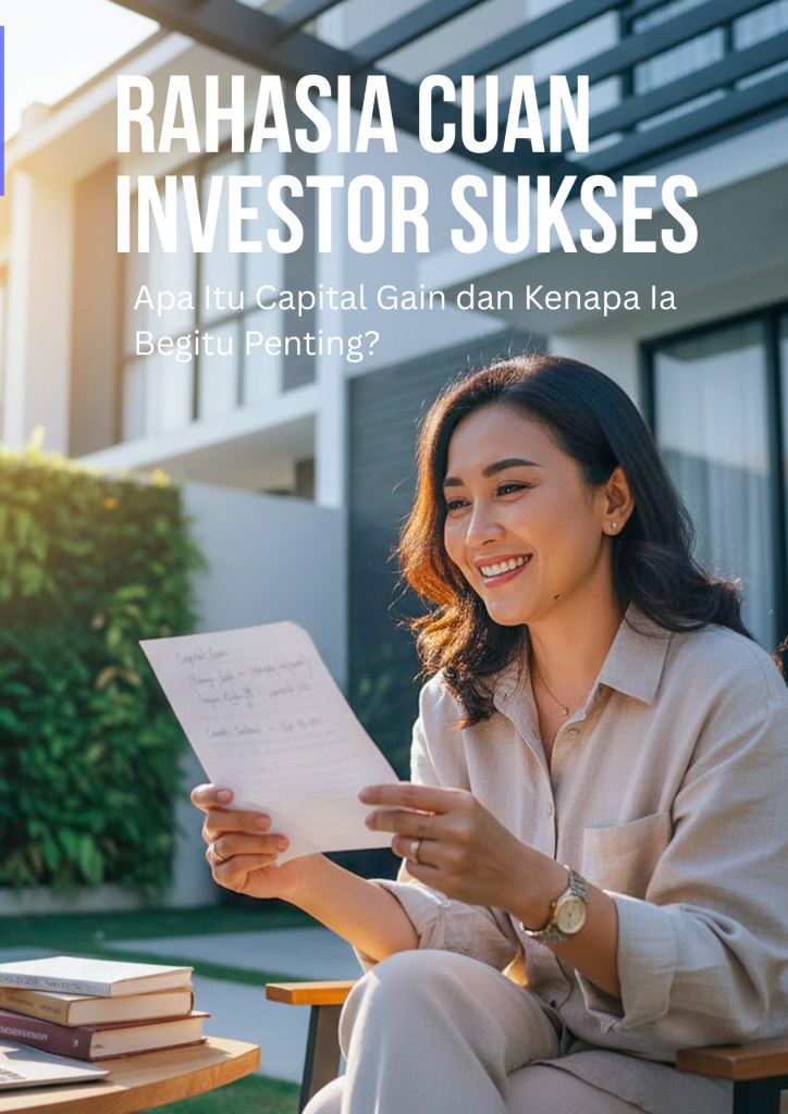 Seorang wanita muda Indonesia berusia sekitar 30-an sedang duduk di kursi santai di teras belakang rumah modernnya. Ia tersenyum bahagia sambil melihat secarik kertas berisi hitungan atau catatan keuangan. Sinar matahari pagi atau sore hari menyinari dirinya dari samping, menciptakan cahaya hangat. Di dekatnya terdapat meja kecil dengan laptop dan beberapa buku. Di latar belakang terlihat rumah modern dengan fasad minimalis dan taman vertikal hijau.