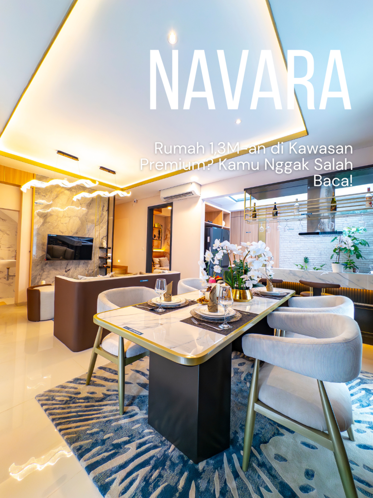 Ruang makan elegan di hunian NAVARA dengan desain modern minimalis, pencahayaan warm, dan layout rapi, difoto oleh Desky Property.