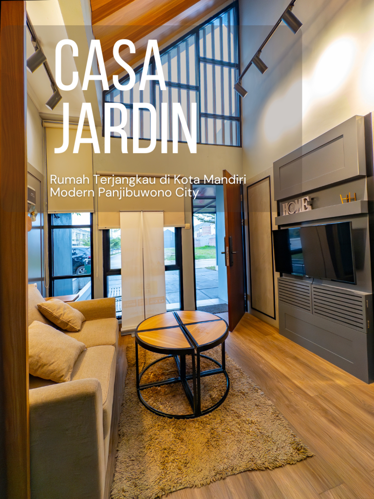 Living room modern Casa Jardin dengan interior minimalis terang, jendela besar yang memberikan pencahayaan alami, ruang keluarga tertata rapi bergaya kontemporer — difoto oleh Desky Property.