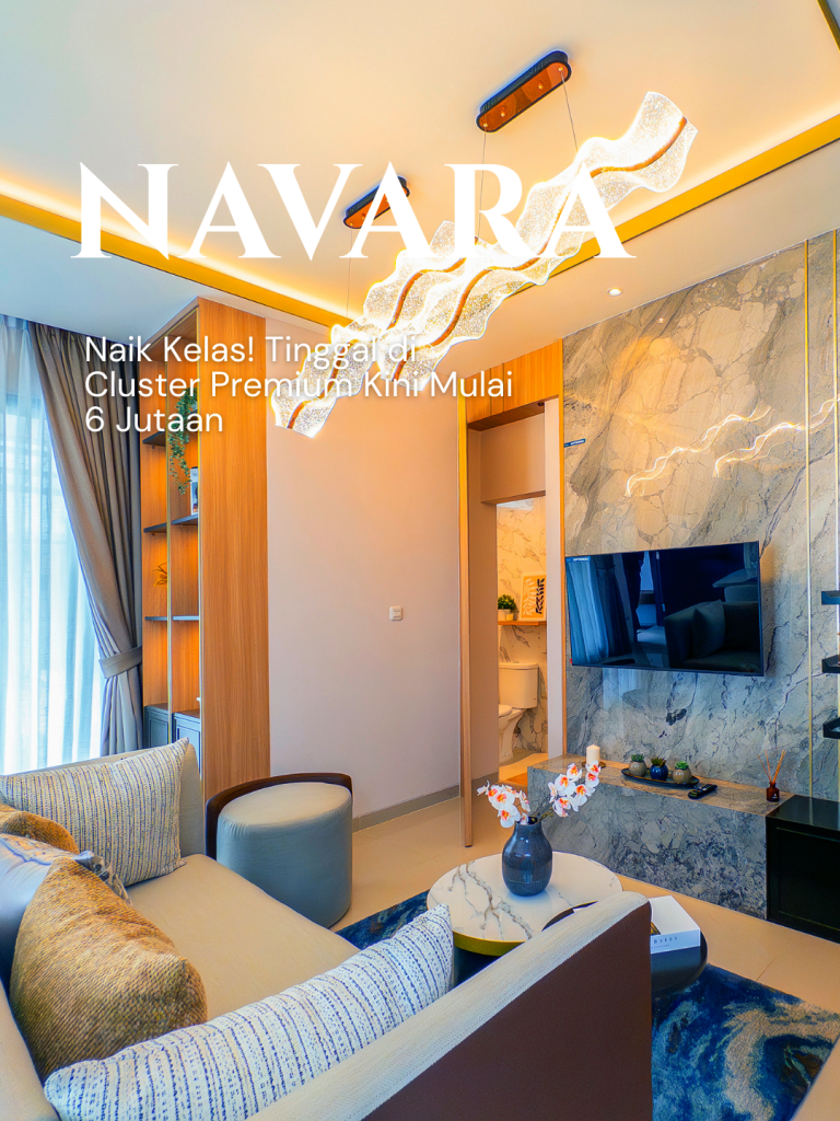 Living room elegan di cluster NAVARA dengan desain modern minimalis, pencahayaan alami, dan interior premium — difoto oleh Desky Property.